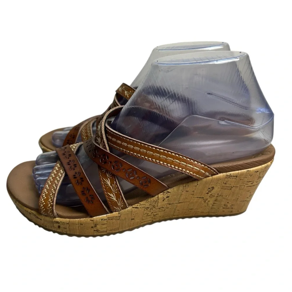 Skechers Beverlee Tiger Leather Strappy Size 6 Brown Cork Wedge Sandals - Picture 4 of 15